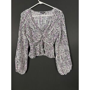 Express Peplum Blouse Womens Size S Twist Front Cropped Puff Sleeve Abstract